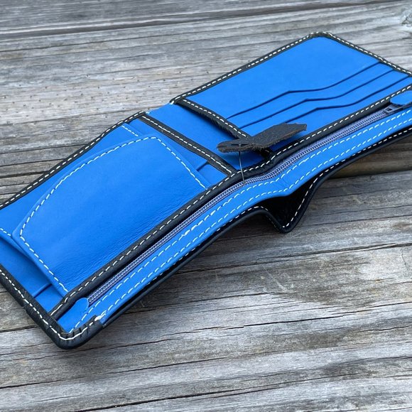 Handmade Leather Wallet BlueBlack Men Card Holder Bifold Purse Multi CardHolder - Picture 7 of 16